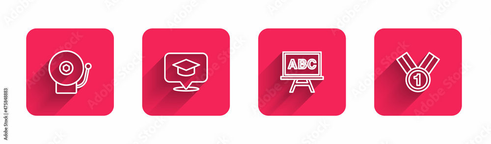 Poster Set line Ringing alarm bell, Graduation cap speech bubble, Chalkboard and Medal with long shadow. Red square button. Vector