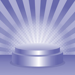 Vector pop art background in a trend color very peri with podium and radial lines and dots