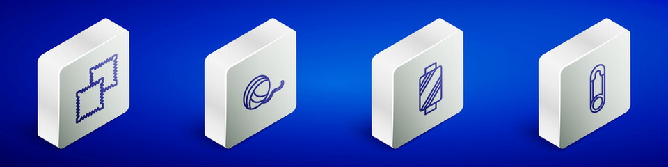 Set Isometric line Textile fabric roll, Yarn ball, Sewing thread on spool and Safety pin icon. Vector