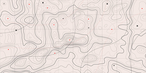 Topographic map background. Geographic line map with elevation assignments. Contour background geographic grid. Vector illustration. - obrazy, fototapety, plakaty