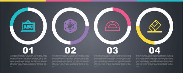 Set line Chalkboard, Atom, Protractor grid and Eraser rubber. Business infographic template. Vector