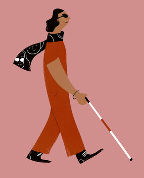 Blind woman with scarf and walking cane