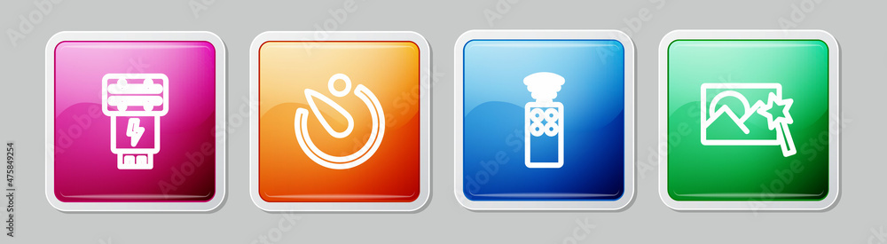 Poster set line photo camera flash, camera timer, remote control for and retouching. colorful square button
