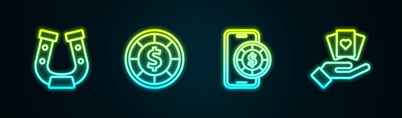 Set line Horseshoe, Casino chips, Online poker table game and Hand holding playing cards. Glowing neon icon. Vector
