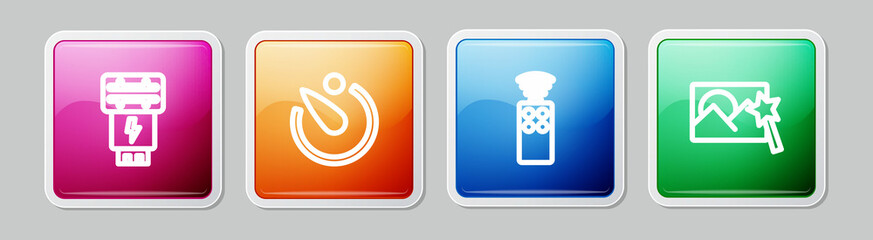 Set line Photo camera flash, Camera timer, Remote control for and retouching. Colorful square button. Vector
