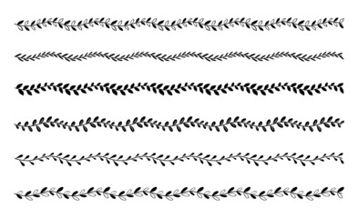 Page decors. Set of decorative dividers. Border ornaments. Patterned stripes of leaves. Design elements for invitations and holiday cards.