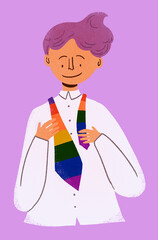 Person putting tie with LBTQIA+ colours