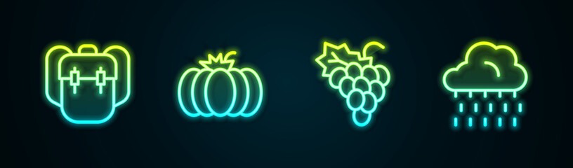Set line School backpack, Pumpkin, Grape fruit and Cloud with rain. Glowing neon icon. Vector
