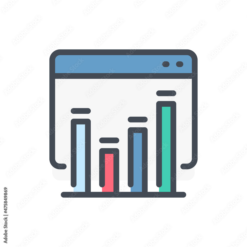 Fototapete Website chart report and statistics color line icon. Web page with graph statistics vector outline colorful sign.