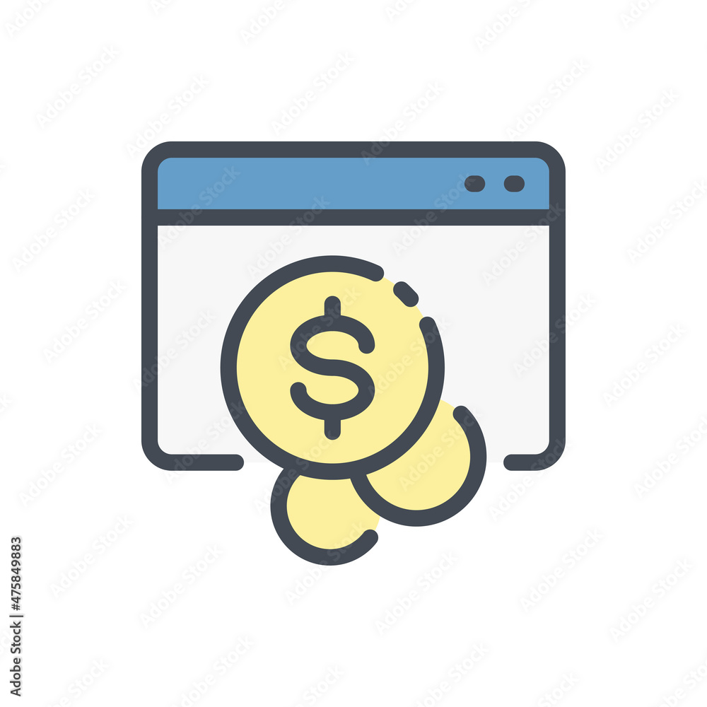 Poster make money on the internet and online payment color line icon. website with dollar coins vector outl