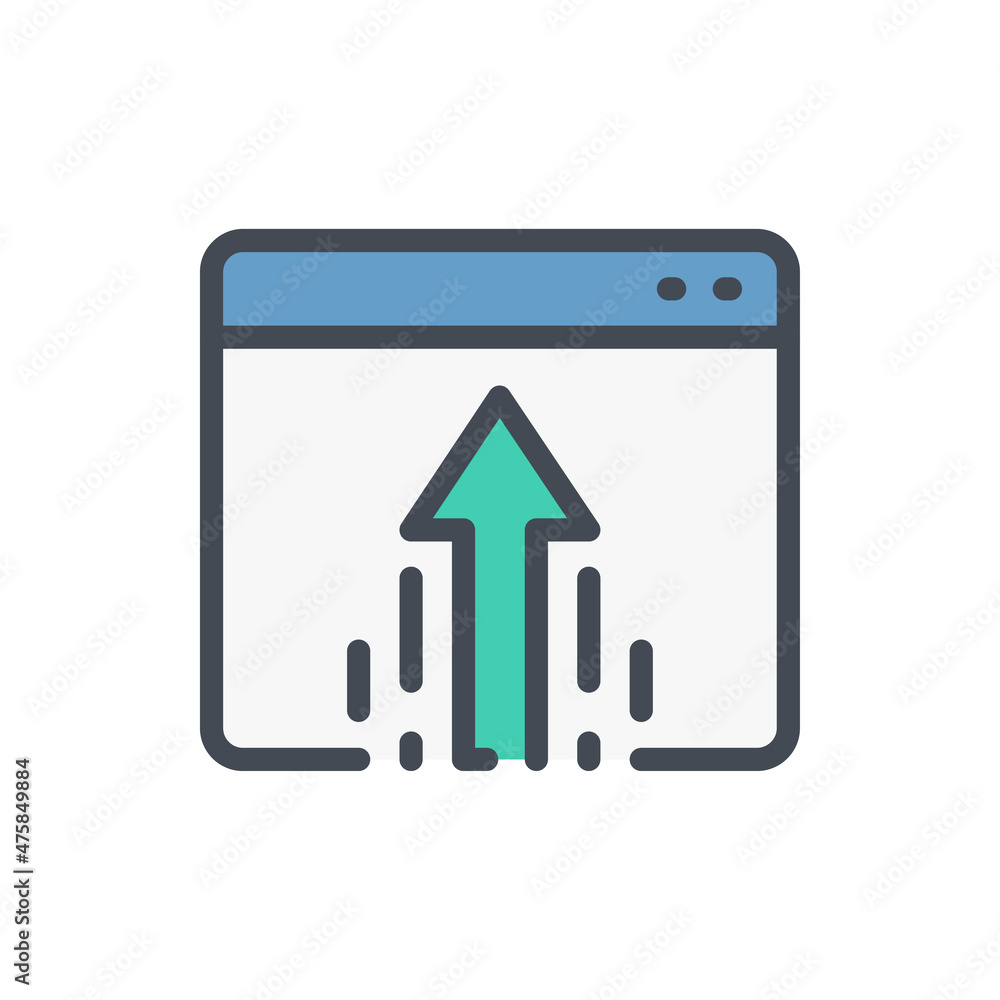 Poster Upload to website or Internet color line icon. Web page with arrow up vector outline colorful sign.
