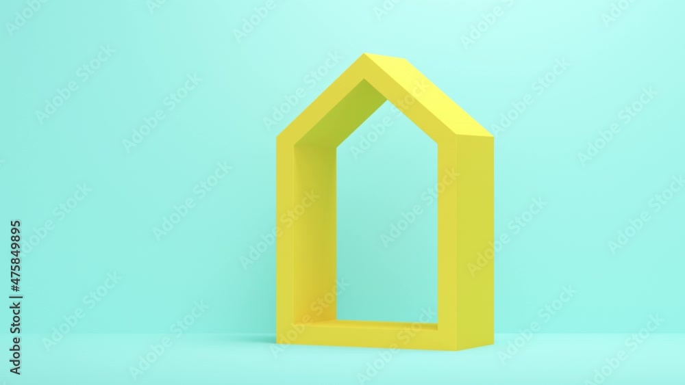 Poster blue studio background with yellow house symbol. minimal modern seamless motion design. abstract loo