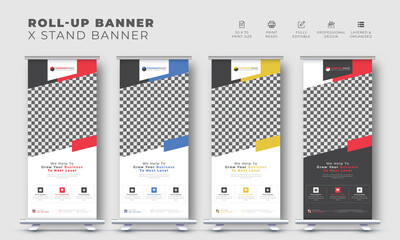 Corporate business modern roll up stand banner design, pull up vector creative x stand template with geometric shape
