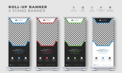 Corporate business modern roll up stand banner design, pull up vector creative x stand template with geometric shape