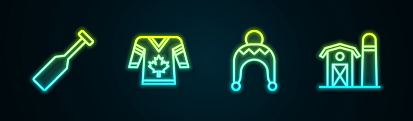Set line Paddle, Hockey jersey, Winter hat and Farm house. Glowing neon icon. Vector