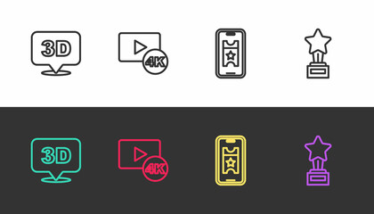 Set line 3D word, Screen tv with 4k, Buy cinema ticket online and Movie trophy on black and white. Vector