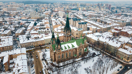 aerial view of Elzhbeta Church in lviv city