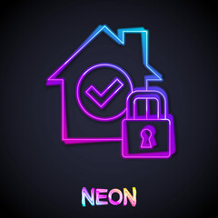 Glowing neon line House under protection icon isolated on black background. Home and lock. Protection, safety, security, protect, defense concept. Vector