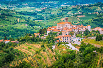 Scenic view on a small town on a hill in the midst of valley of numerous wineyards, Goriska Brda, Slovenia - obrazy, fototapety, plakaty