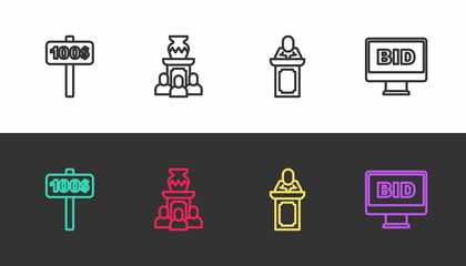 Set line Hand holding auction paddle, Auction ancient vase, auctioneer sells and Online on black and white. Vector