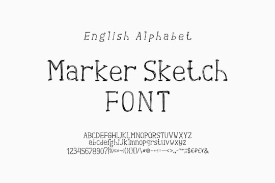 Marker sketch serif font black color, hatch texture style. Alphabet letters and numbers set, English language