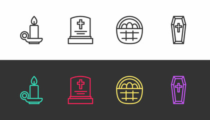 Set line Burning candle in candlestick, Grave with tombstone, Basket easter eggs and Coffin on black and white. Vector