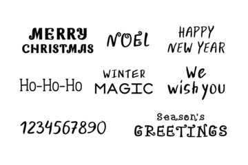 Merry Christmas and New Year text set, greetings, wishes and inspirational phrases template, hand drawn lettering black on white