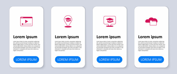 Set Cloud or online library, Graduation cap speech bubble, Online education and play video. Business infographic template. Vector
