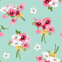 Cherry flowers and pansies. Seamless vector illustration on a turquoise background