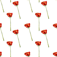Fototapeta premium Seamless pattern with red flower on white background. Different botanical elements in digital. There are purple flowers. For textiles and packaging, wallpaper and scrapbooking. Spring template