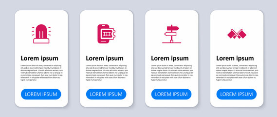 Set Flag, Road traffic sign, Online ticket booking and Flasher siren. Business infographic template. Vector