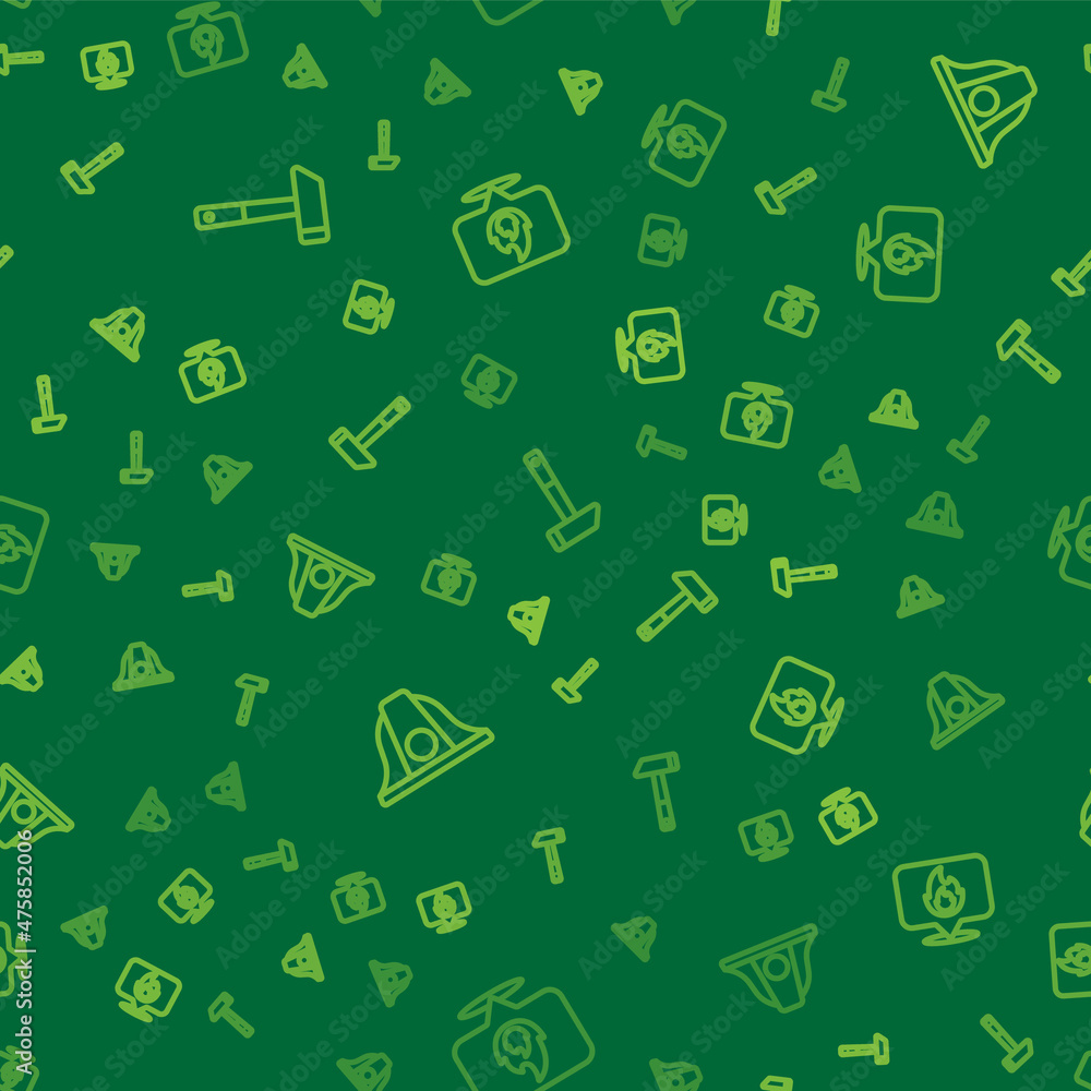 Poster set line hammer, firefighter helmet and location with fire flame on seamless pattern. vector