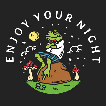 illustration of a frog sitting on a rock at night
