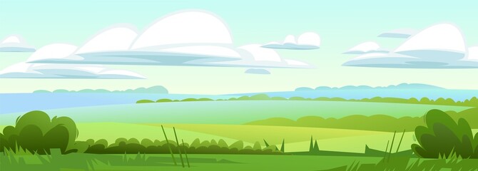 Fototapeta na wymiar Wide farm fields in distance. Rural landscape. Horizontal village nature illustration. Flat style. Cute country hills. Vector