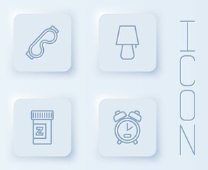 Set line Eye sleep mask, Table lamp, Sleeping pill and Alarm clock. White square button. Vector