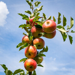 Leuchtende Äpfel hängen an den Zweigen von Apfelbäumen einer Obstplantage.
