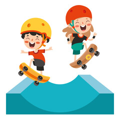Cartoon Illustration Of A Kid Playing Skateboard