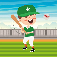 Cartoon Illustration Of A Kid Playing Baseball
