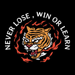 Tiger Head Illustration with flames and Slogan in vintage style