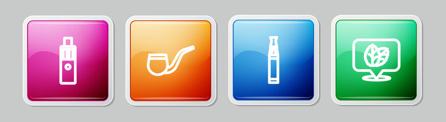 Set line Vape mod device, No pipe smoking, Electronic cigarette and Tobacco leaf. Colorful square button. Vector