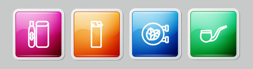Set line Electronic cigarette, Lighter, Tobacco leaf shop and No pipe smoking. Colorful square button. Vector