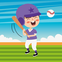 Cartoon Illustration Of A Kid Playing Baseball
