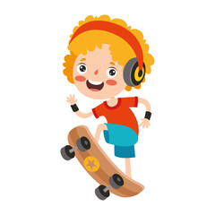 Cartoon Illustration Of A Kid Playing Skateboard