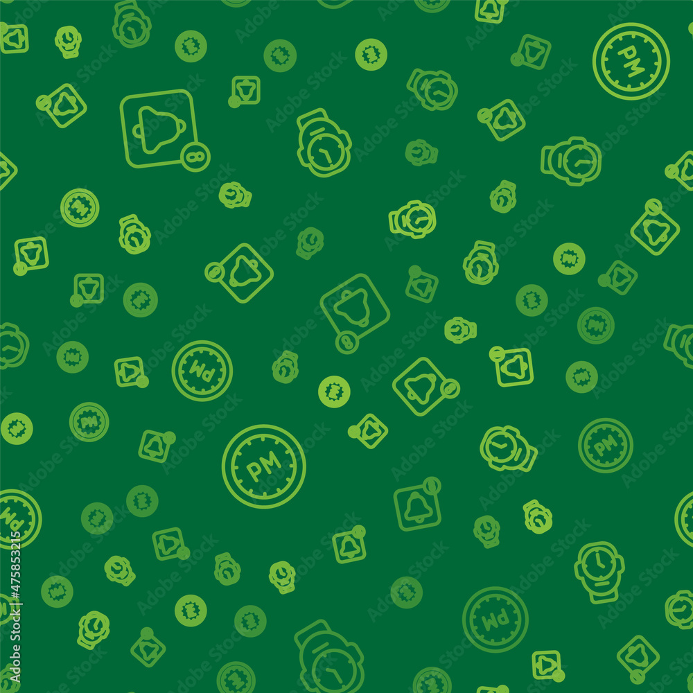Poster set line alarm clock app mobile, day time and clock on seamless pattern. vector