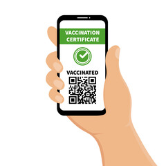 Hand holding a phone with vaccination certificate. Vector illustration.