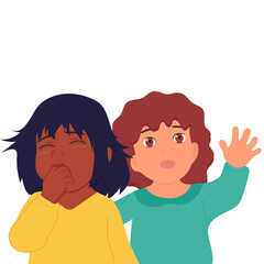 Two children . The first girl cries, the second girl calms her friend. Good and bad emotions. Vector, flat, white background.