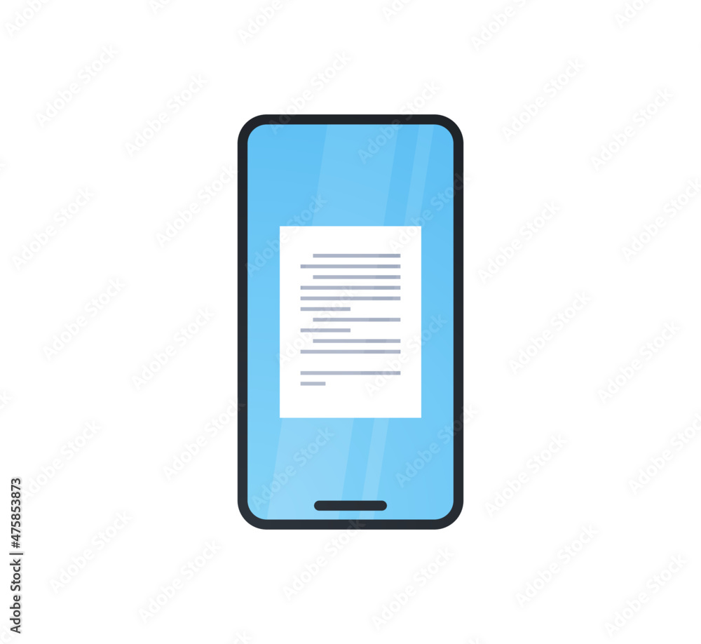 Poster document on smartphone and paper scan flat vector illustration.