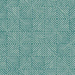 Seamless hand drawn geometric pattern with beige striped squares on green background.