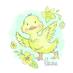 Baby t-shirt print design with duckling. Can be used for kids t-shirt print, fashion print design, kids wear, baby shower, celebration, nursery decor, poster, greeting and invitation.