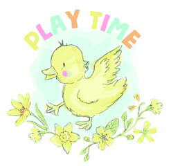 Baby t-shirt print design with duckling. Can be used for kids t-shirt print, fashion print design, kids wear, baby shower, celebration, nursery decor, poster, greeting and invitation.